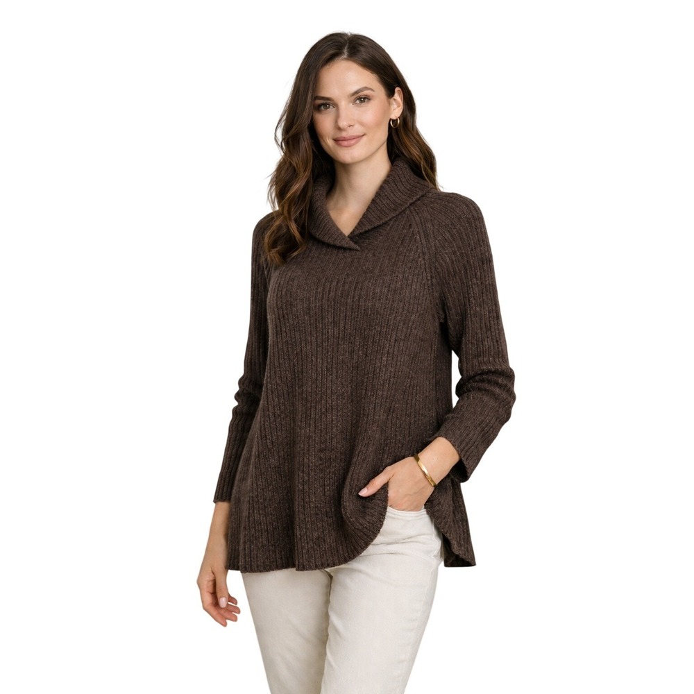Jaeger Brown Ribbed Wool Sweater Shawl Neck Made in Italy Women's Medium Basic